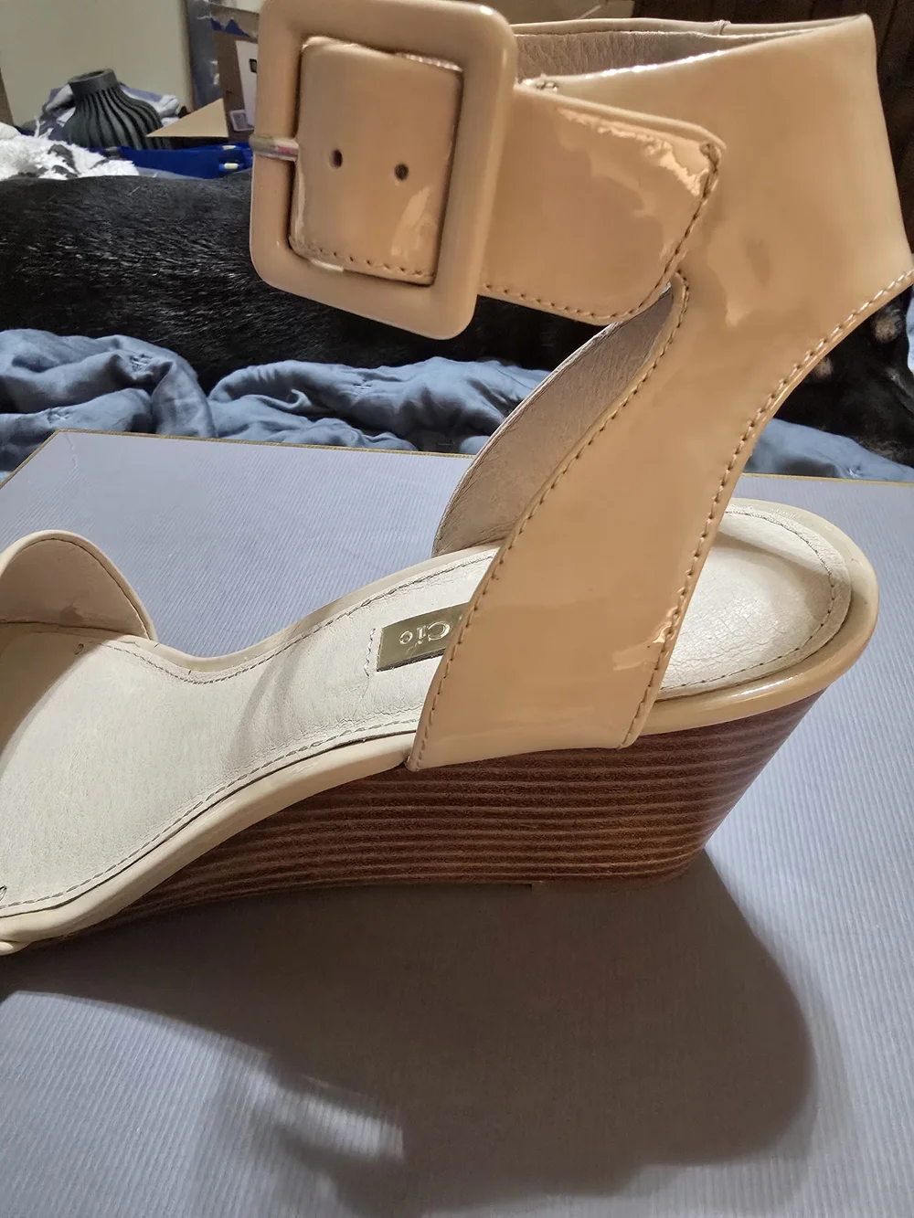 Louise et Cie Punya Nude Patent Ankle-Strap Wedge Sandals Size 8 Like New